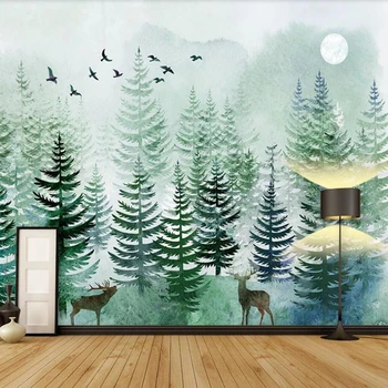 Milofi потребителски 3D фото тапет Скандинавски ръчно рисувани борова гора лосове разтегателен фон монтиране на украса стенни тапети